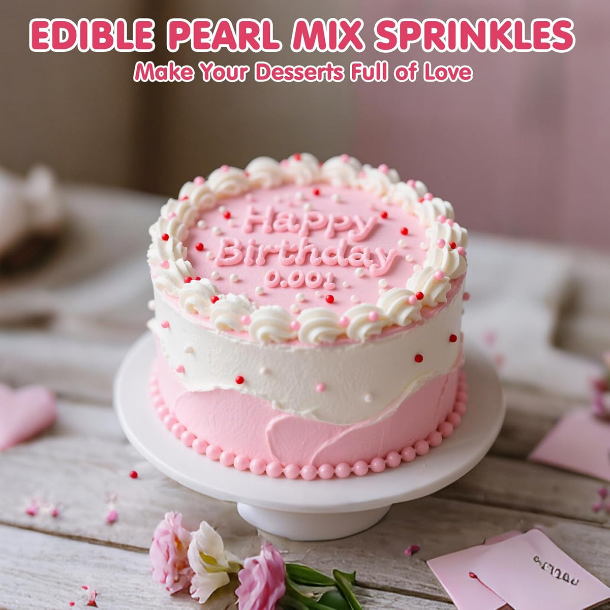 Edible Pearl Sprinkles,Nonpareils Pink White and Red Mix,Cute Pearls Cake Candy,Mini Sugar