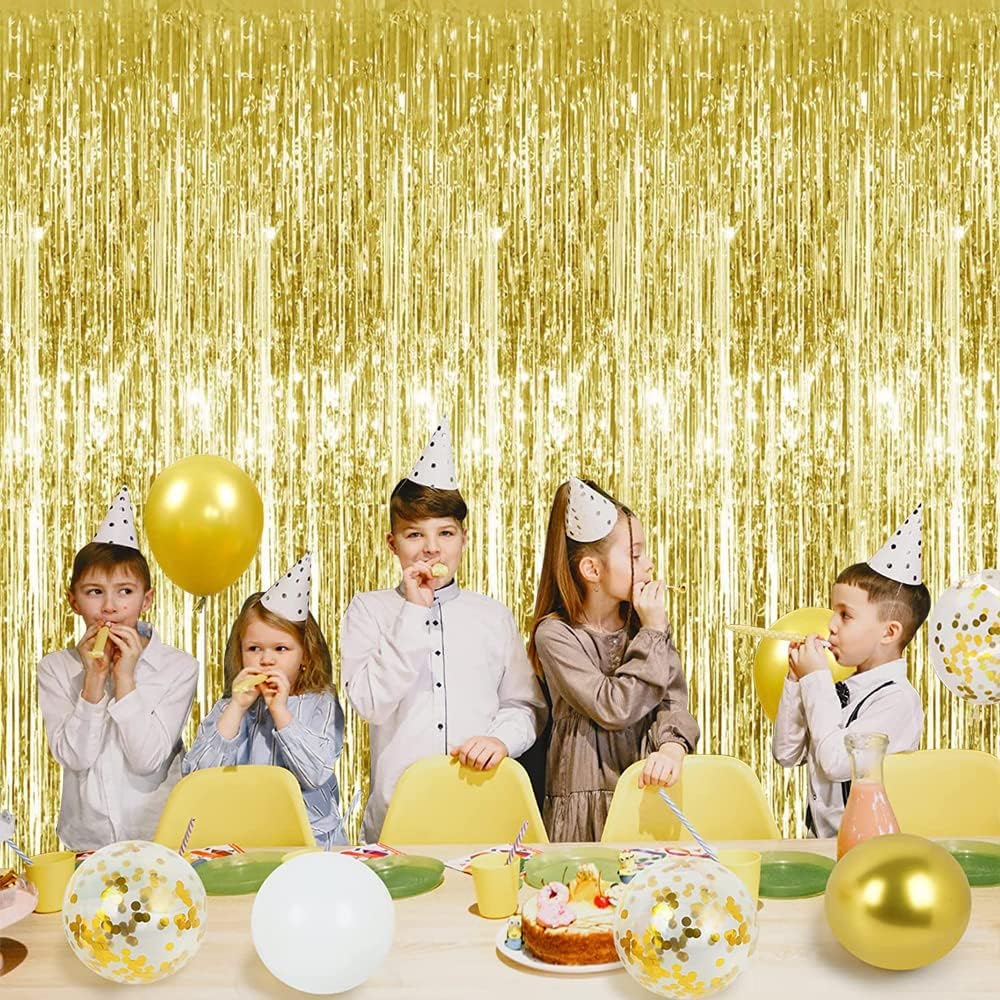 3Pcs Gold Metallic Tinsel Foil Fringe Curtains,3.28ft x 6.56ft Gold Photo Booth Backdrop Streamer