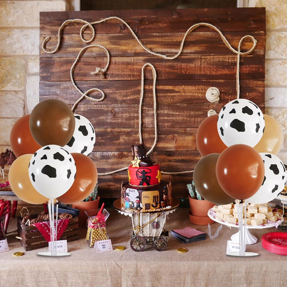 TONIFUL 4 Set Western Balloon,Brown Nude Cow Print Latex Cowboy Balloon Stand Centerpiece Table