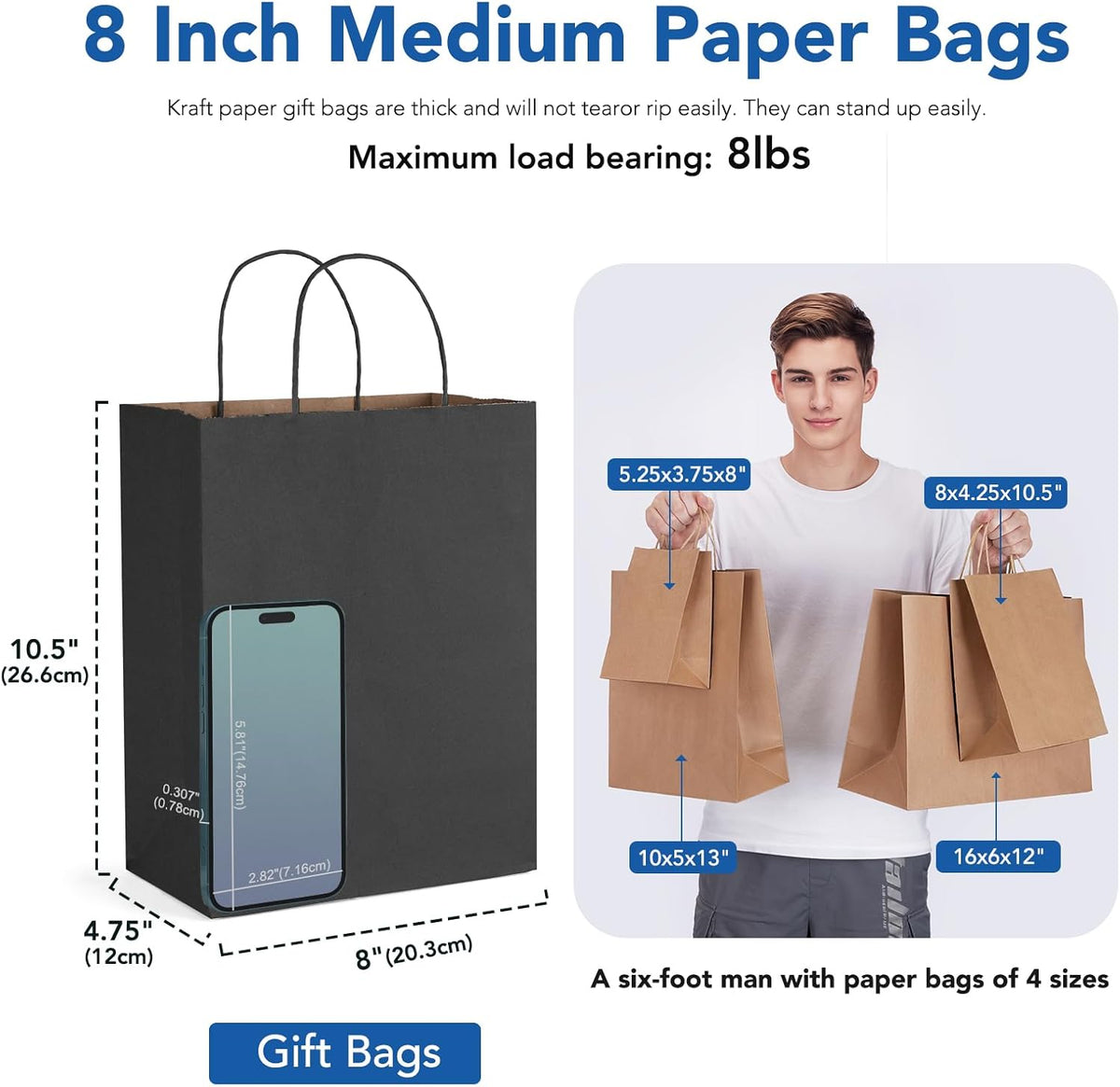 GSSUSA 400 Pack 8x4.25x10'' Paper Bags with Handles Bulk, Black Kraft Paper Gift Bags for Small
