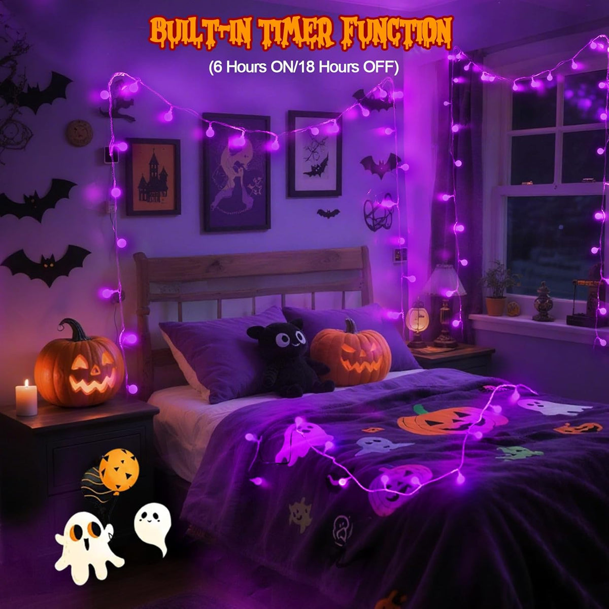 Connectable Purple Halloween Lights Outdoor Indoor - 43FT 100LED Globe String Lights Plug in with