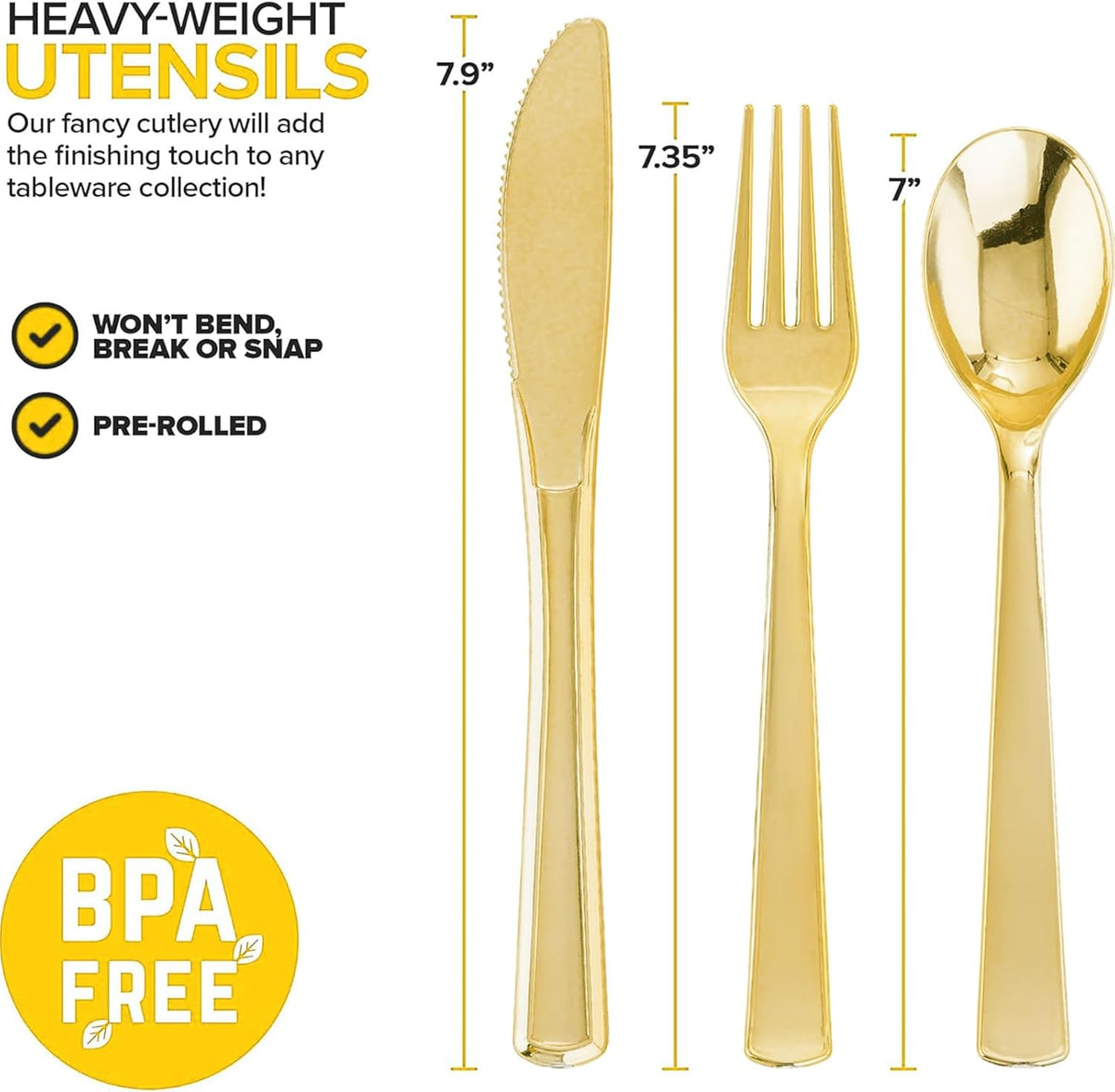 400PCS Pre Rolled Gold Plastic Silverware Sets - Heavy Duty Gold Cutlery - Include 100 Pack Wrapped