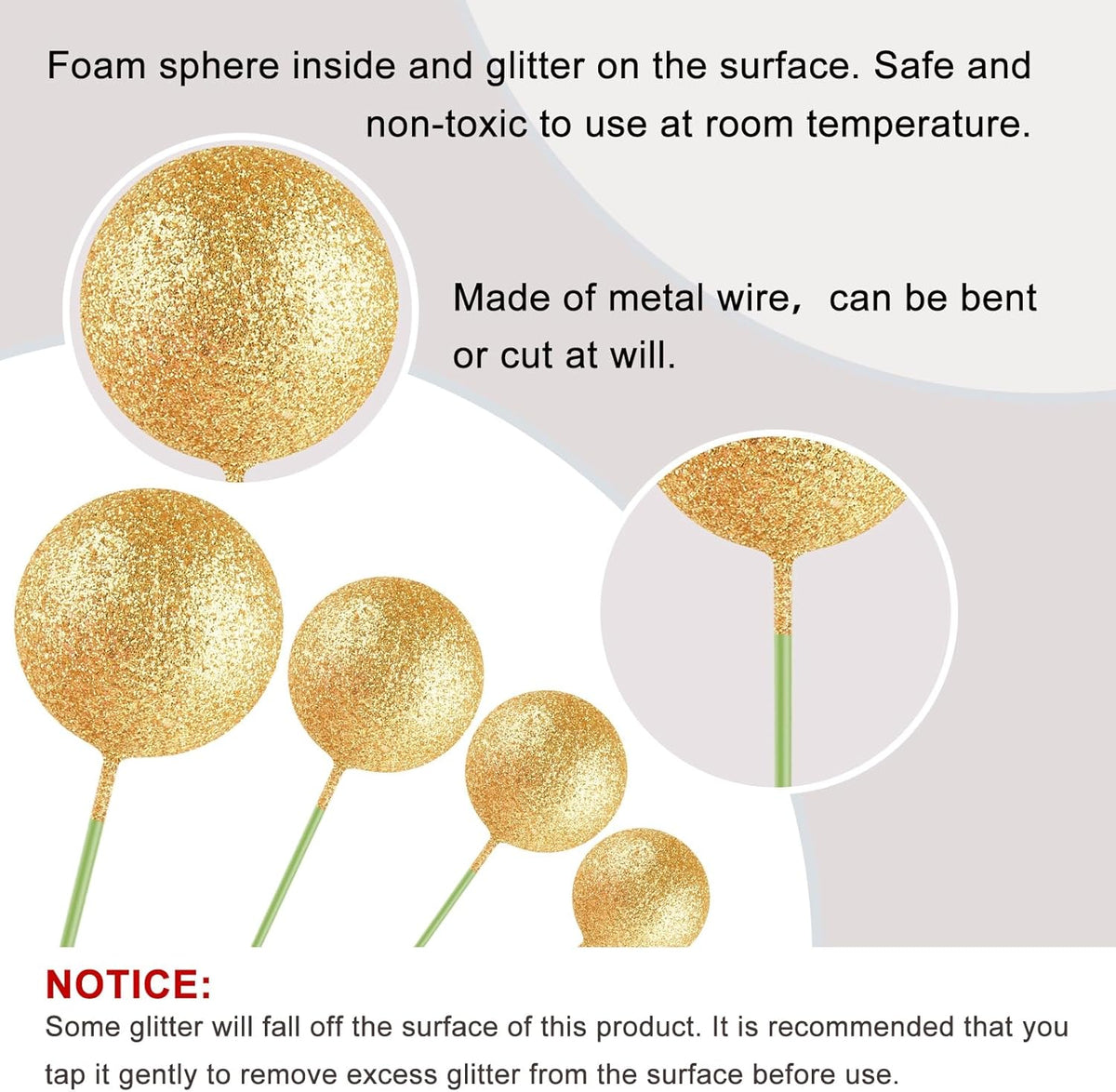 ASTARON 20 Pcs Mini Balloons Cake Topper Sticks - Glitter Gold Ball Picks for Christmas Birthday