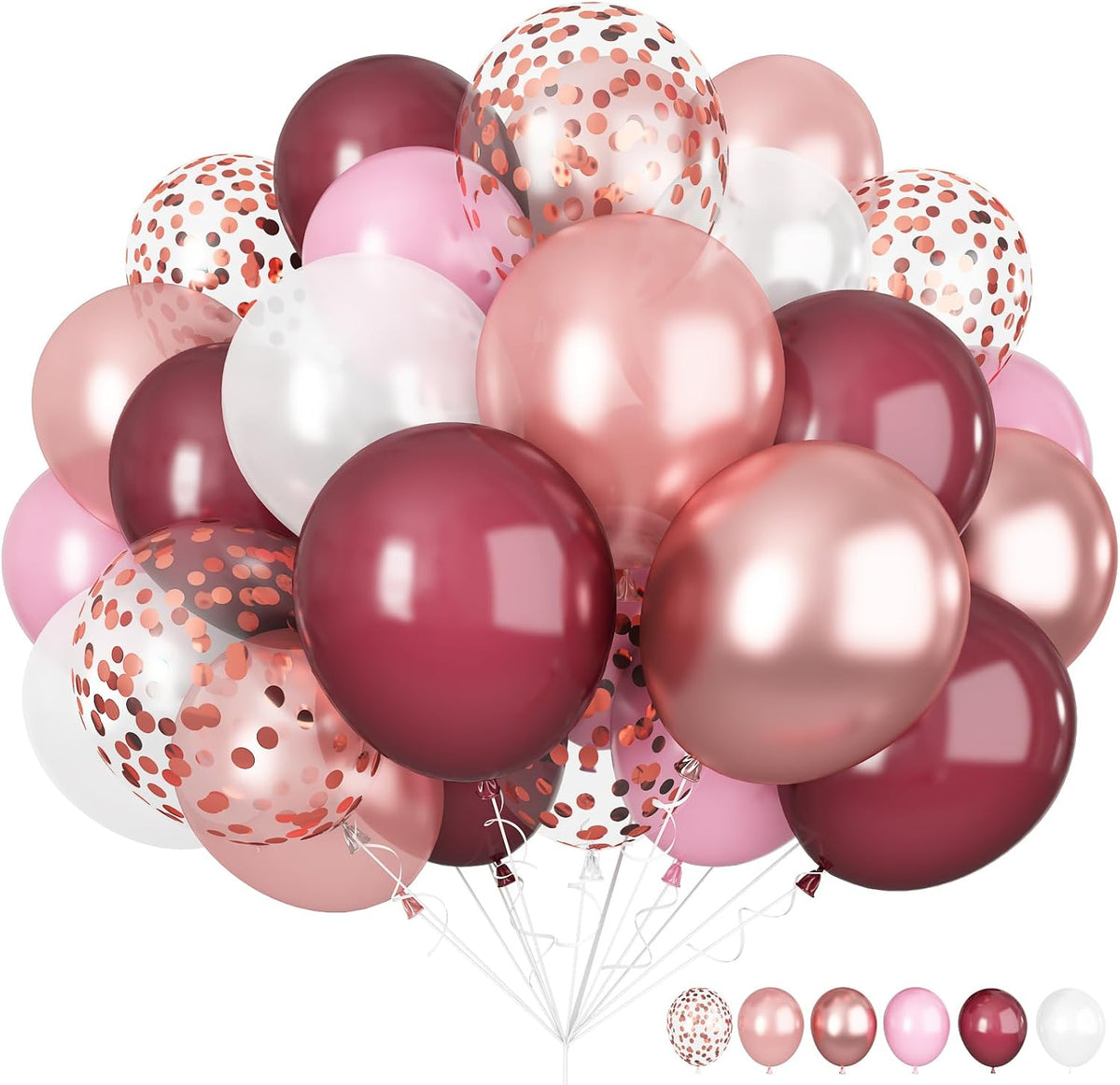 Burgundy Red and Pink Balloons, 60 Pack 12in Rose Gold Wine Red Light Pink White Latex Balloon