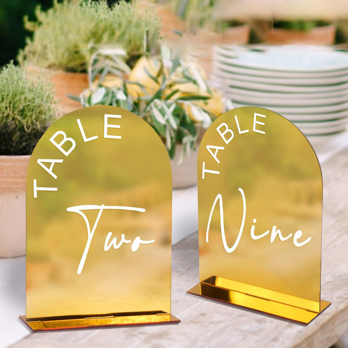 Gold Mirror Arch Wedding Table Numbers 1-10 with Stands, 5x7 Inch Acrylic Arch Sign with Holder for