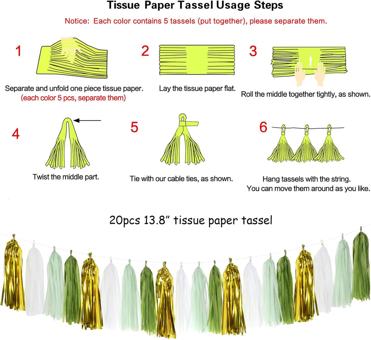 Sage-Olive Green Gold Party-Decorations Tassel-Garland - 20pcs Rustic Wedding Baby Shower Tassels
