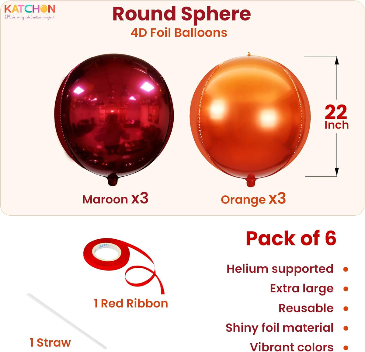 Katchon, Large Metallic Maroon and Orange Foil Balloons -22 Inch-pack of 6 | Fall Decorations For