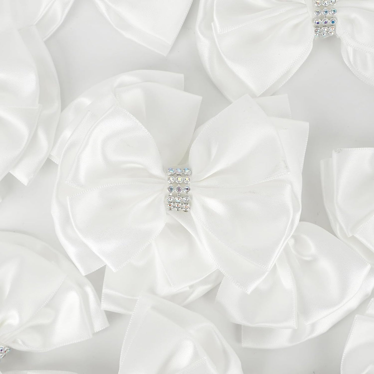 White Satin Bows 4'' Premade White Ribbon Bows, Gift Bows with Rhinestone, Wrapping Bows for