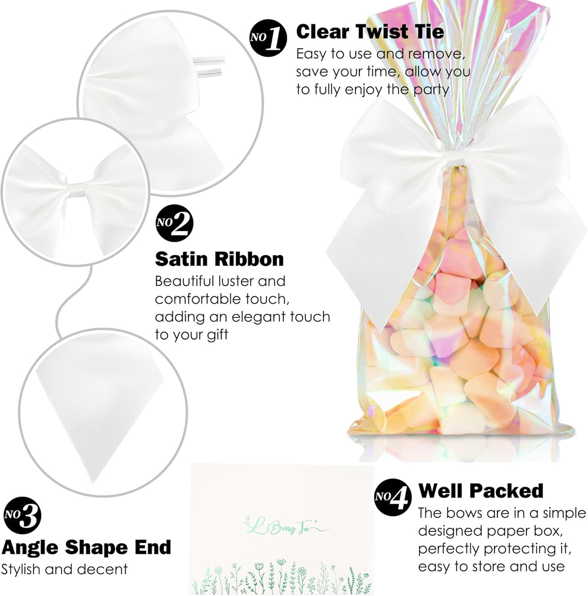 5'' White Bow Party Decorations Satin Bows, Twist Tie Bows for Treat Bags, Cake Pops, Pre-Tied Bow