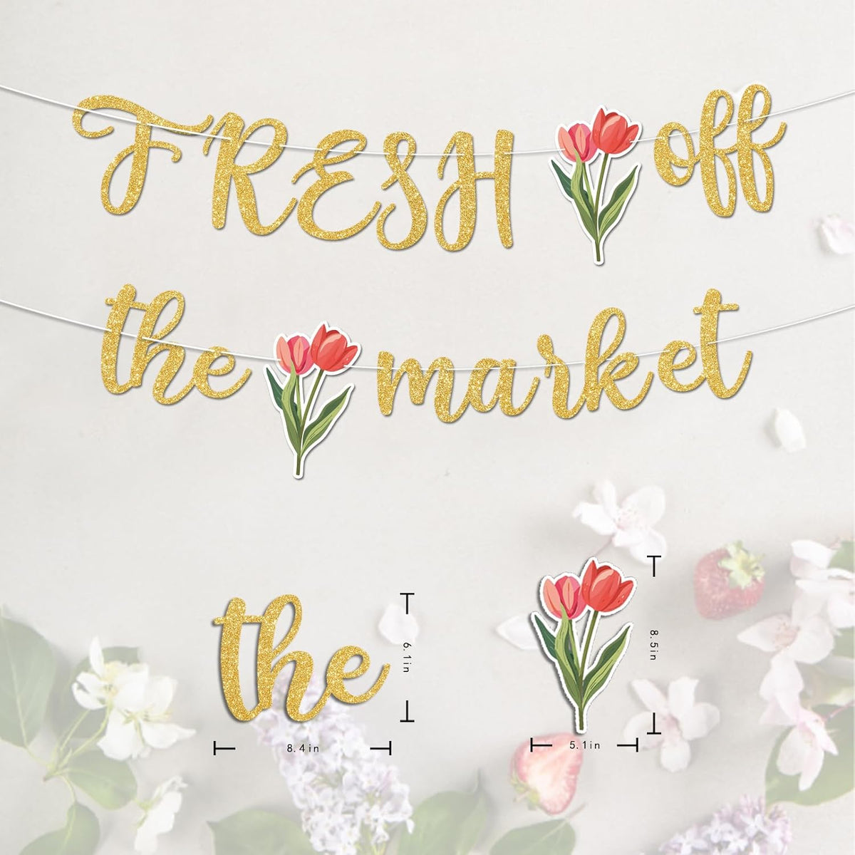 Fresh Off The Market Bridal Shower Banner, Gold Glitter Farmers Market Floral Theme Wedding Banner