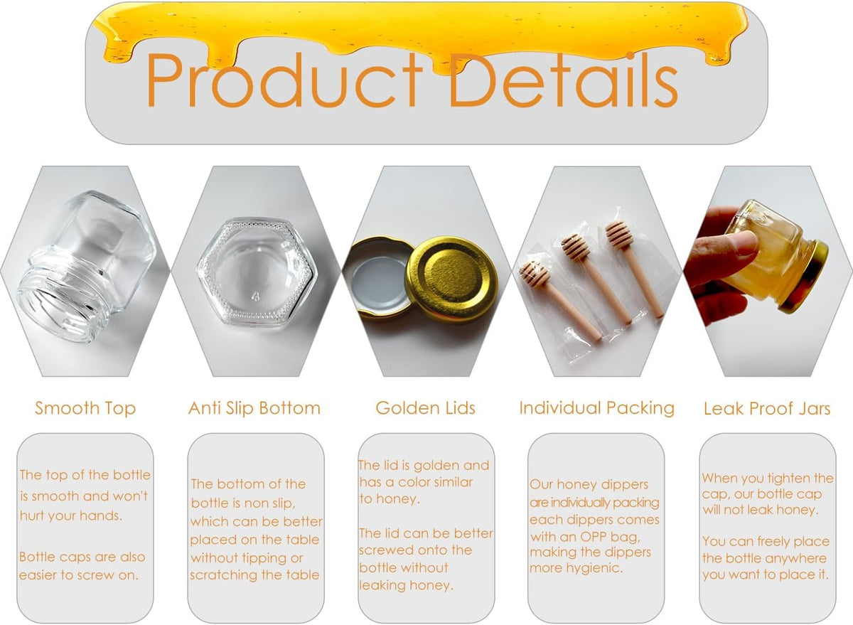 Mini Honey Jars - Hexagon Little Glass Honey Jar with Gold Lids, Wooden Dippers, Bee Charms and