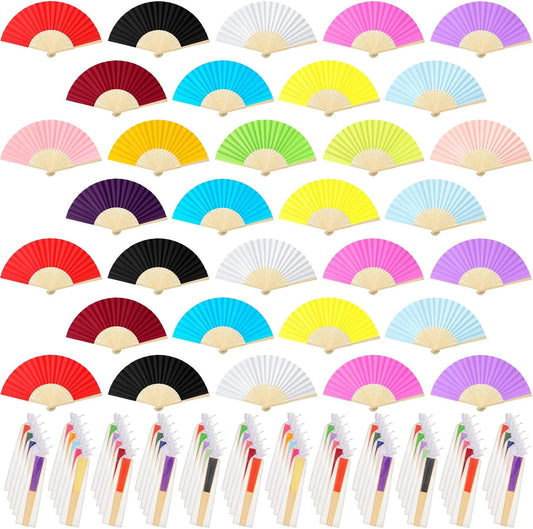 80 Pieces Paper Hand Fan and Organza Hand Fan Bags Bamboo Folded Hand Fan Paper Handheld Fans for