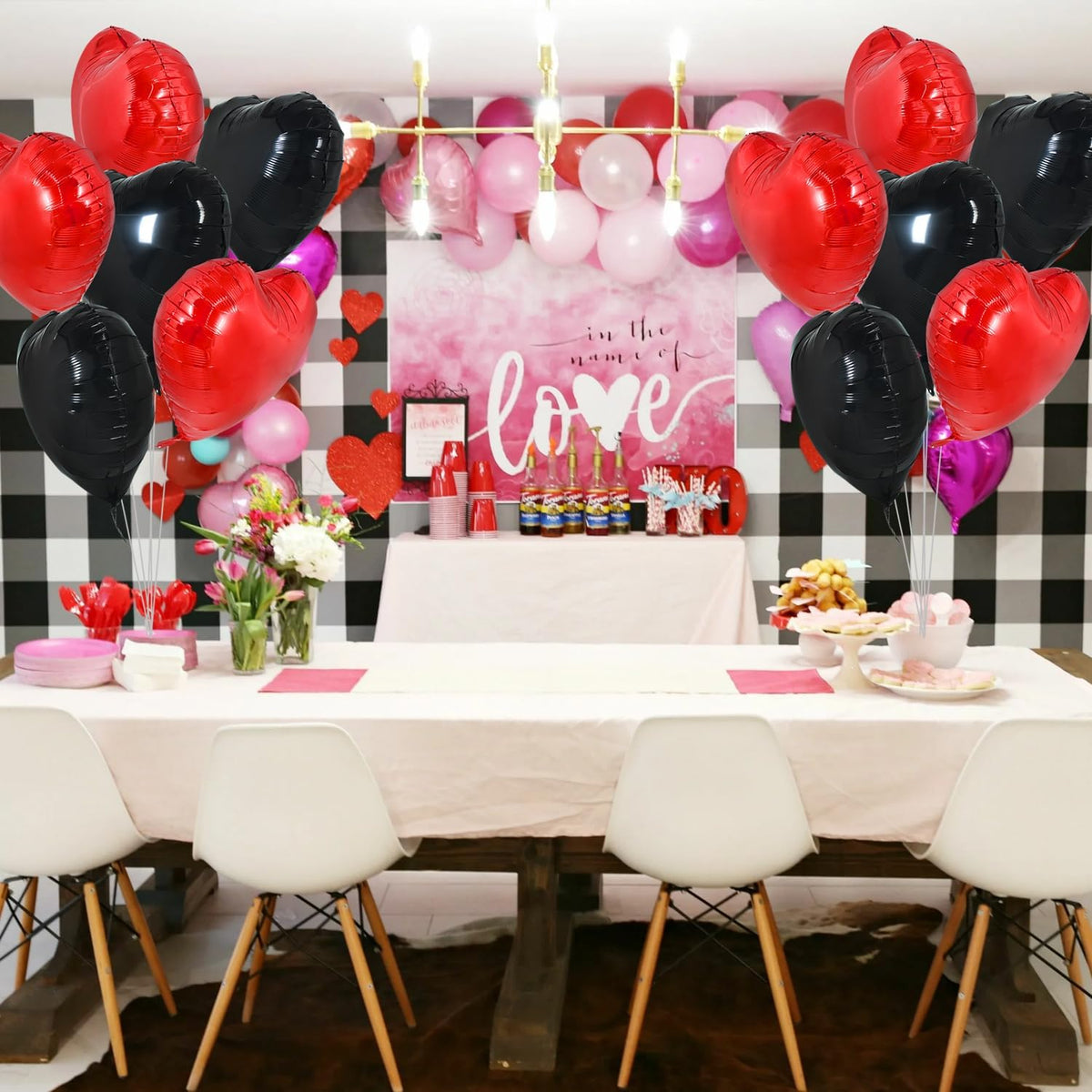 TONIFUL 30Pcs 18 Inch Red Black Heart Balloons Valentine’s Day Heart Shape Foil Mylar Balloons