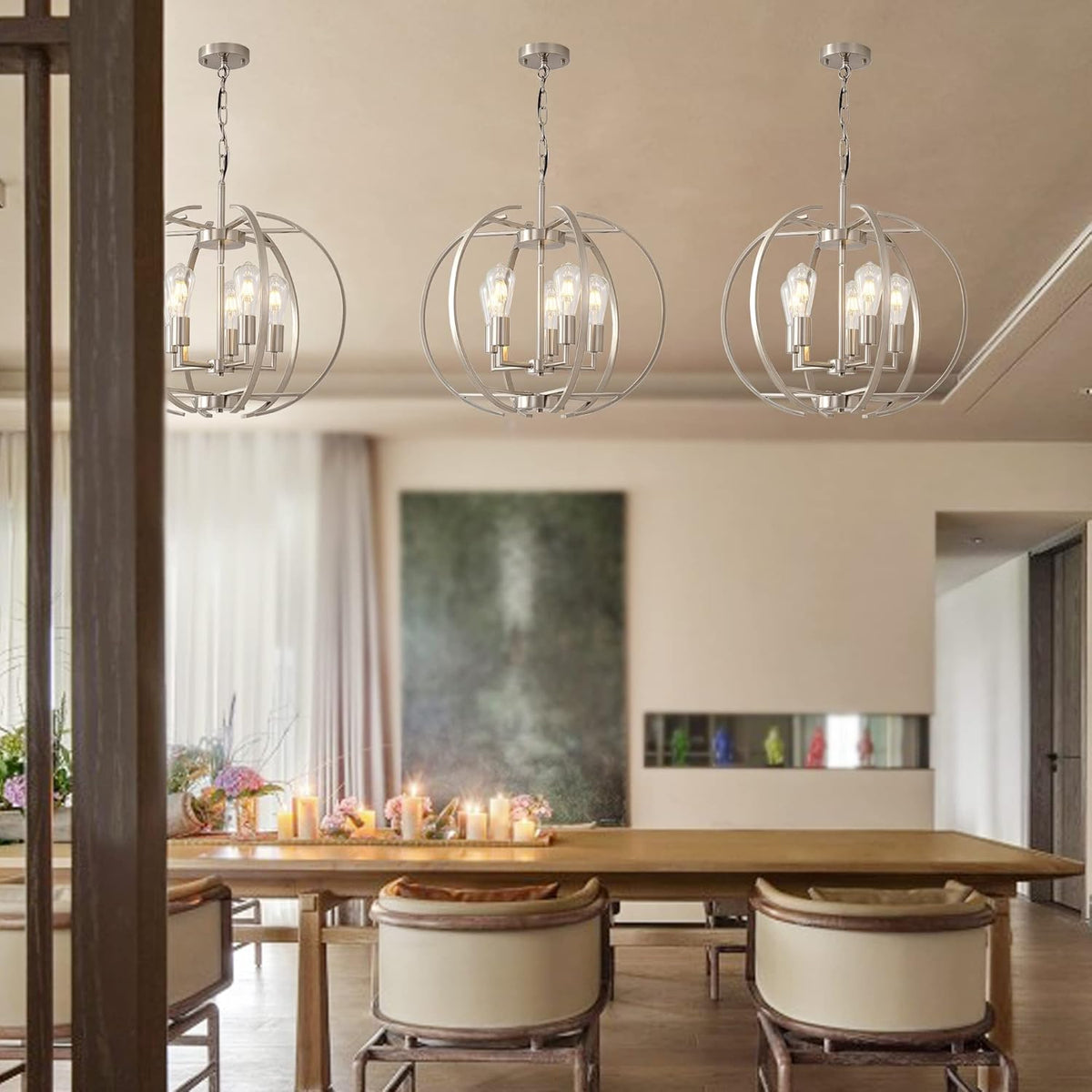 Large Lantern Globe Brushed Nickel Chandelier Lighting, Adjustable Hanging Ceiling Pendant 5 Light