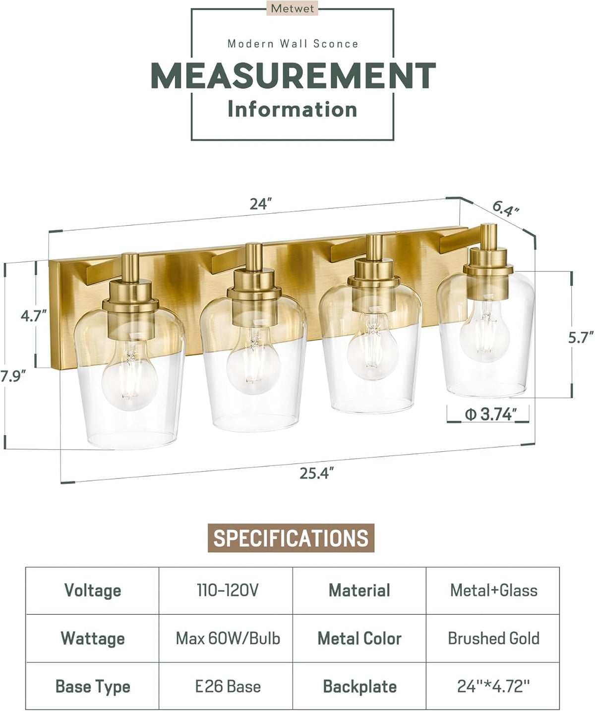 Bathroom Light Fixtures, 4-Light Modern Vanity Light with Clear Glass Wine Glass-Shaped Shade