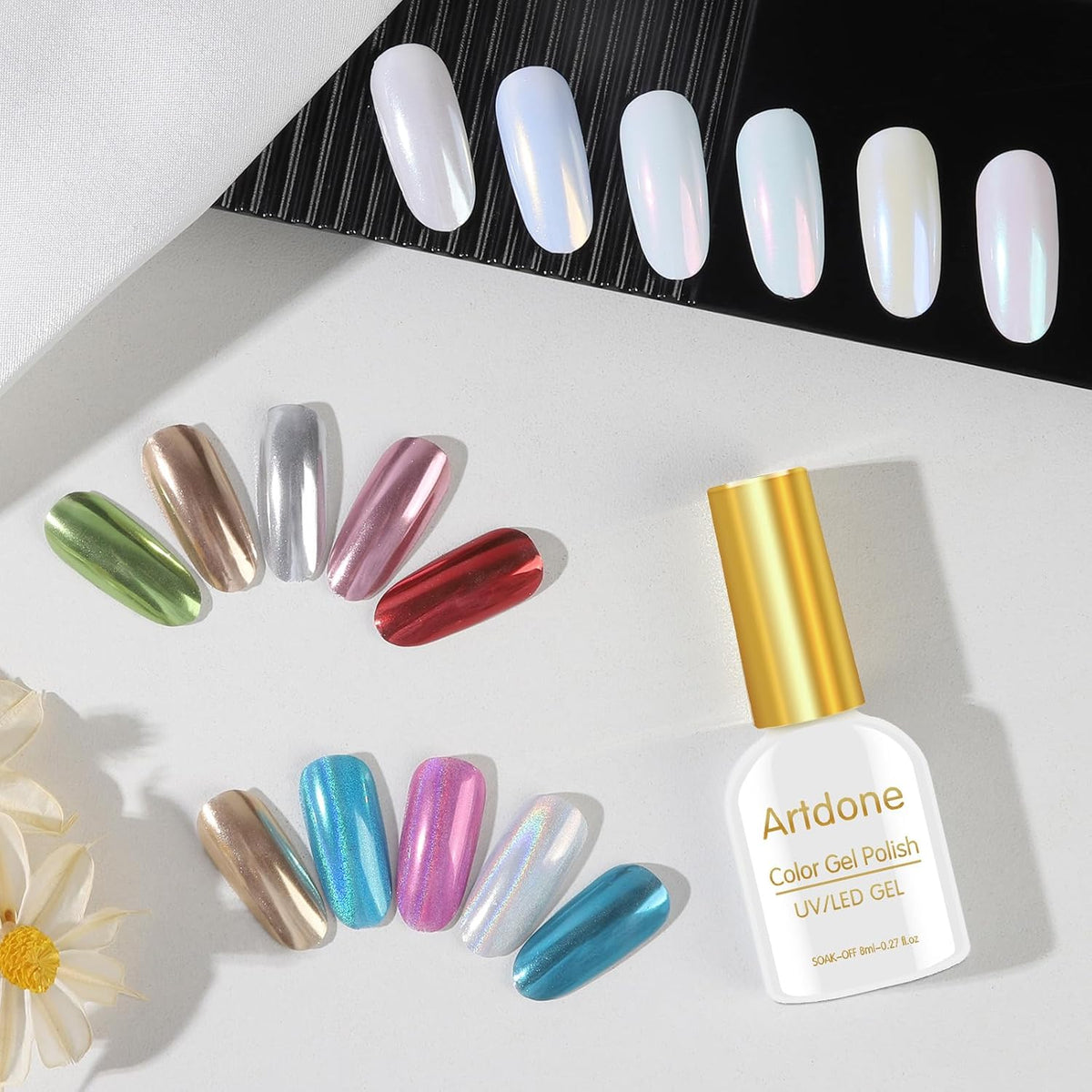 Artdone 16Jars Chrome Nail Powder Magic White Pearl Kit Mirror Effect Silver Metallic Holographic