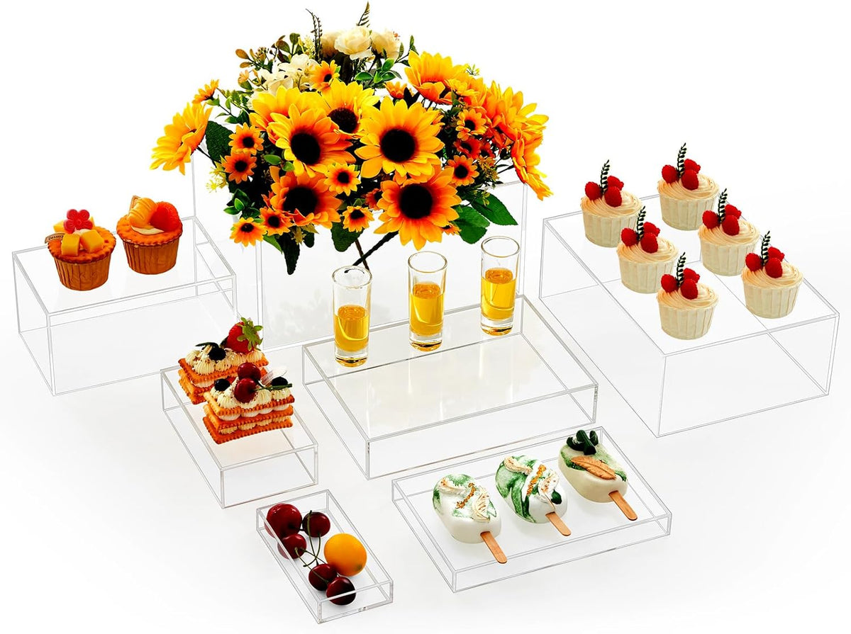 Leinuosen 7 Pcs Large Buffet Risers Set 6" to 12" Acrylic Display Box Catering Dessert Table Riser