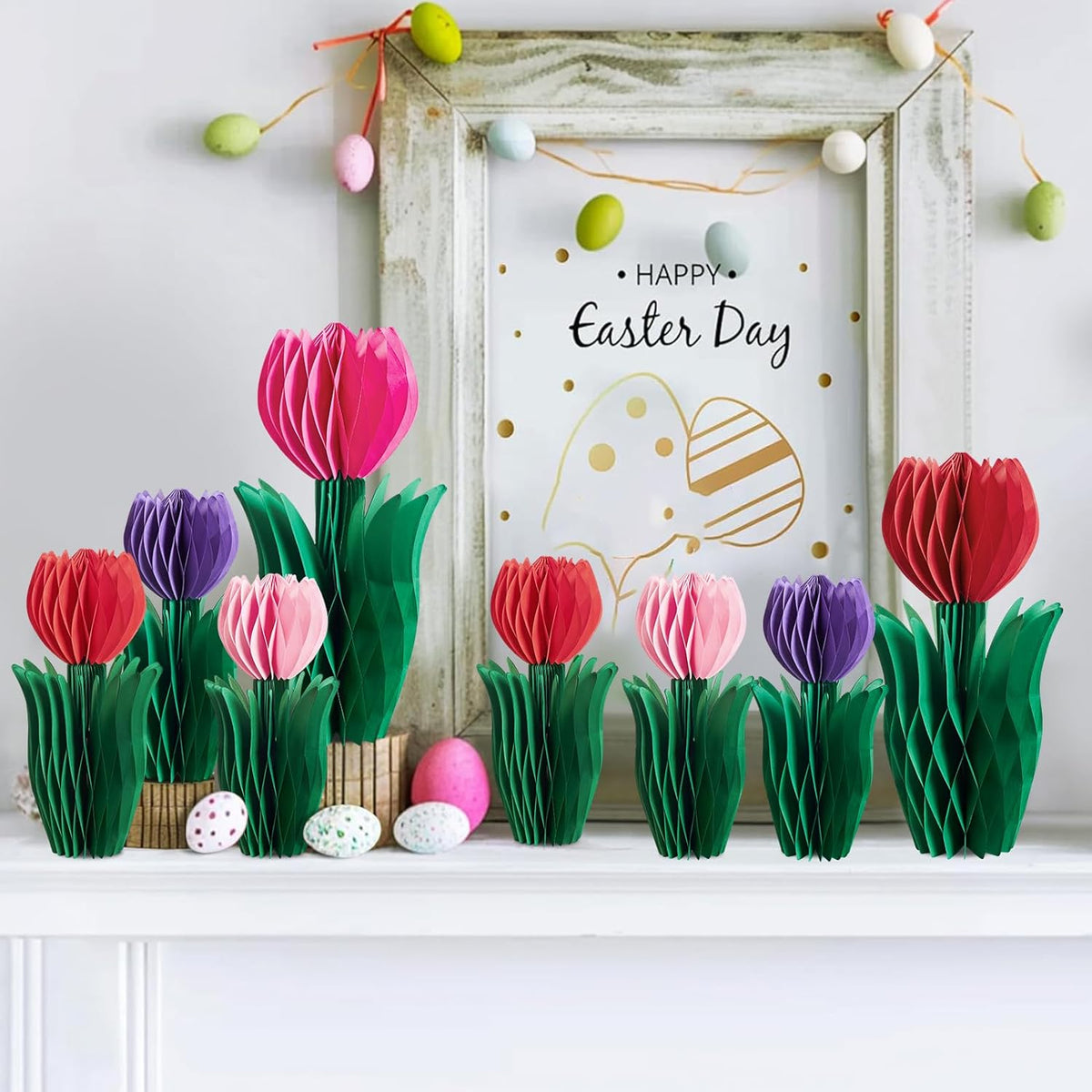 SUNBEAUTY 8 PCS Flower Honeycomb Decoration - Red Tulip Decor for Mother's Day and Spring - Table