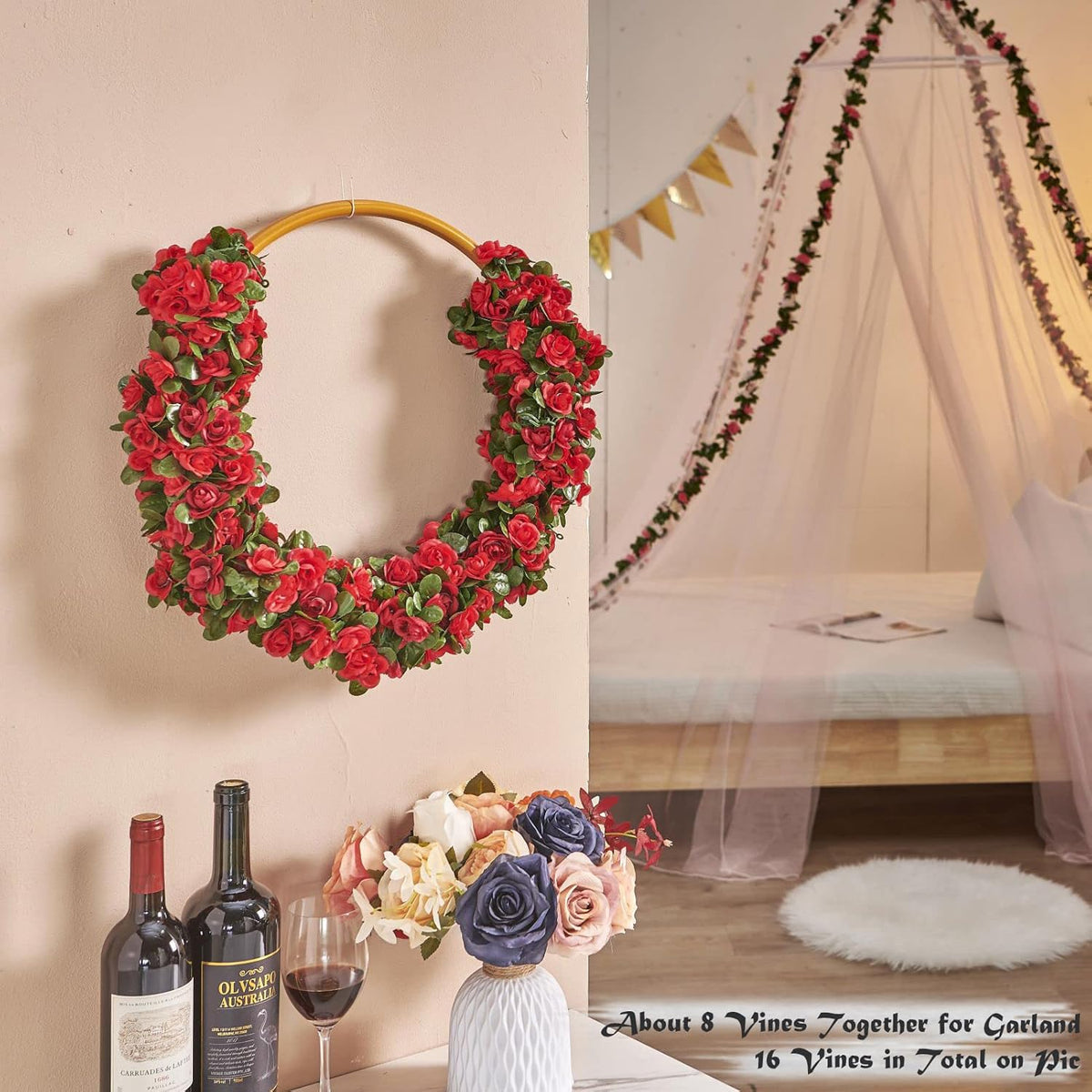 8 Pcs x 8.2 ft Flower Garland Artificial Rose Vine Flowers with Green Leaves Hanging Fake Roses