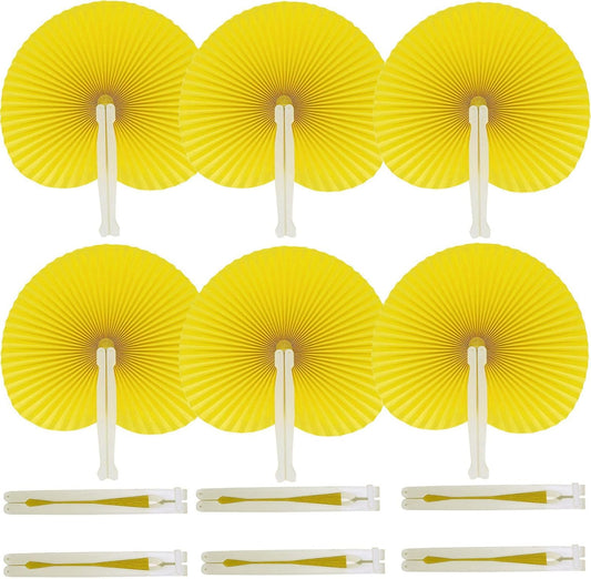 12 Packs Decorative Paper Folding Hand Fans Handheld,Yellow Round Foldable Wedding Fans Chinese and
