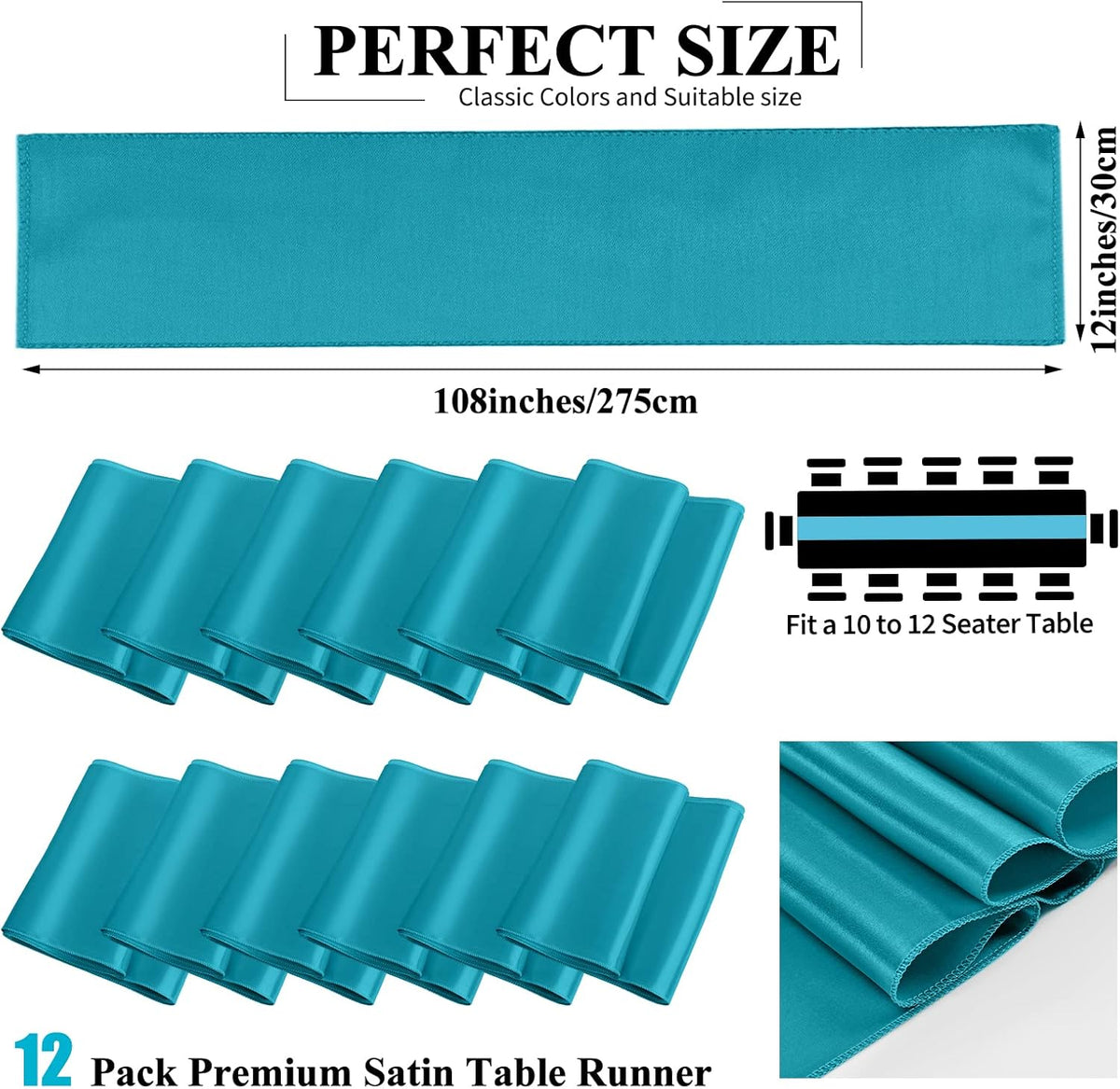 12 Pack Turquoise Satin Table Runner,12 x 108 inch Long Premium Smooth Table Runner for Wedding