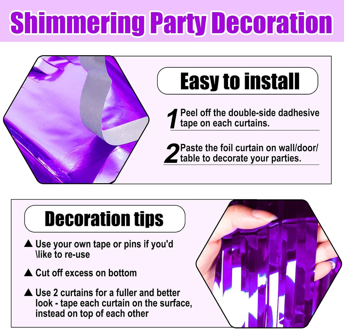 3 Pack Purple Foil Fringe Curtain Backdrop, 3.28Ft x 8.2Ft Metallic Tinsel Foil Fringe Streamer
