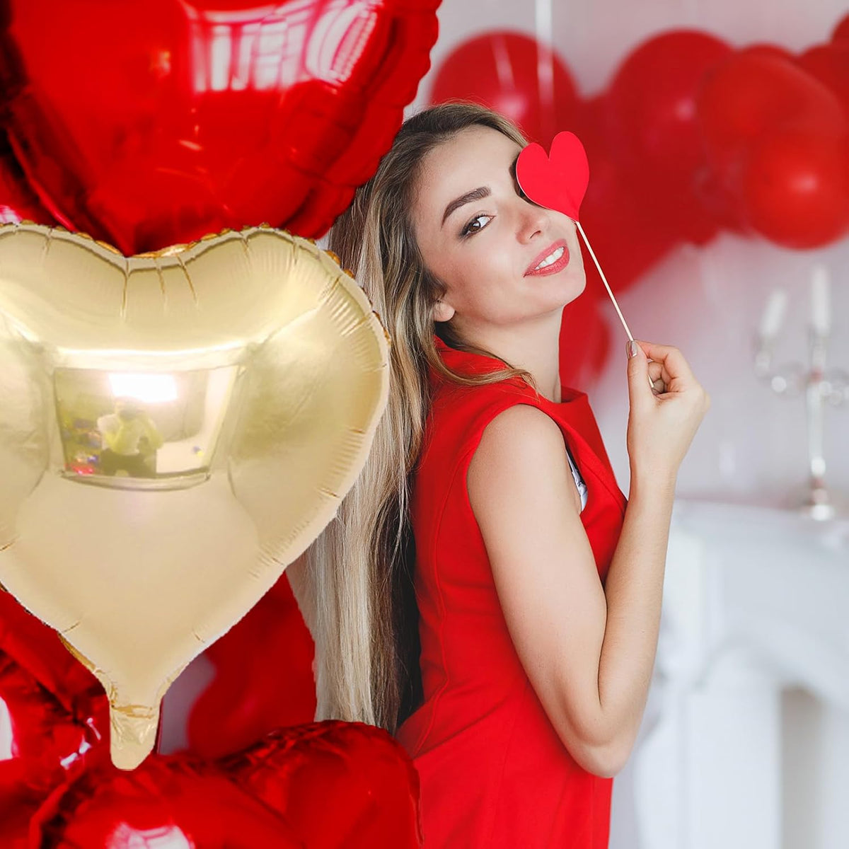 Red Gold Heart Balloons, 18 Inch Red and Champagne Gold Heart Shape Balloons, 12PCS Large Heart