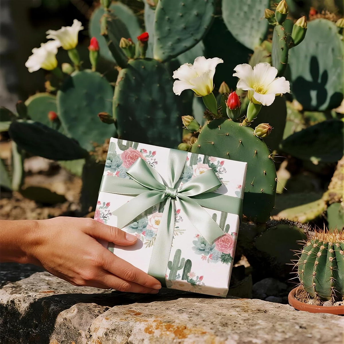 RUSPEPA Cactus Floral Wrapping Paper Roll, Mini Roll, Elegant Cacti and Roses Design, Soft Pink and