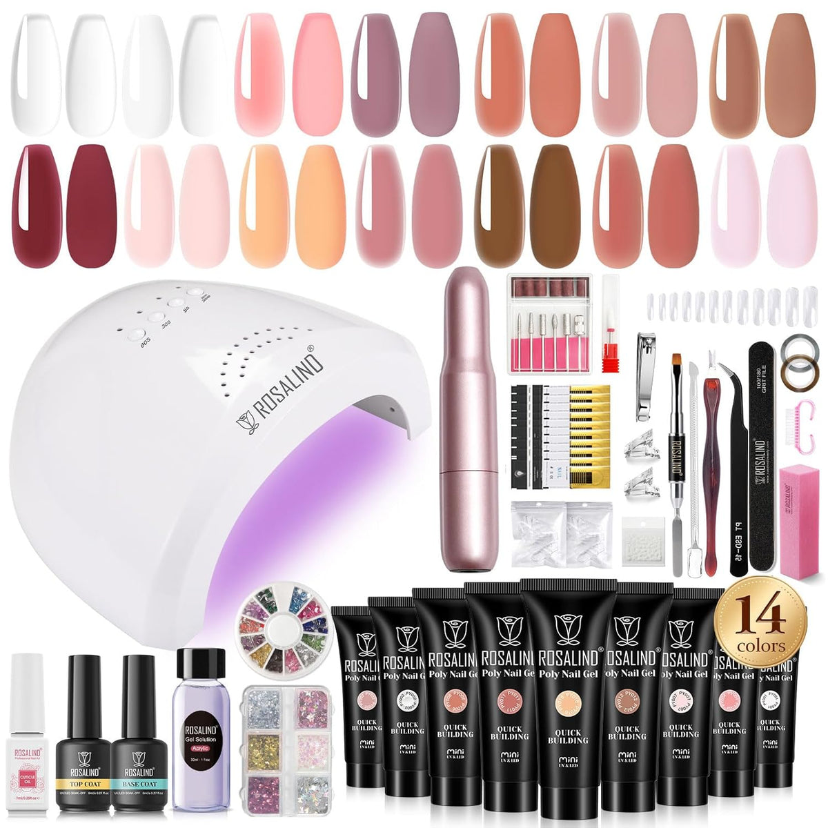 ROSALIND Poly Nail Gel Kit -14 Colors + 75 Nail Art Accessories Kit Nude Pink Series Poly Gel with