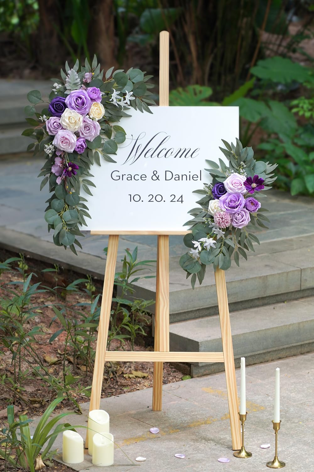 Faux Flower Swag Set of 2 for Wedding Welcome Signs Floral Decorations, Purple Wedding Arch Flowers