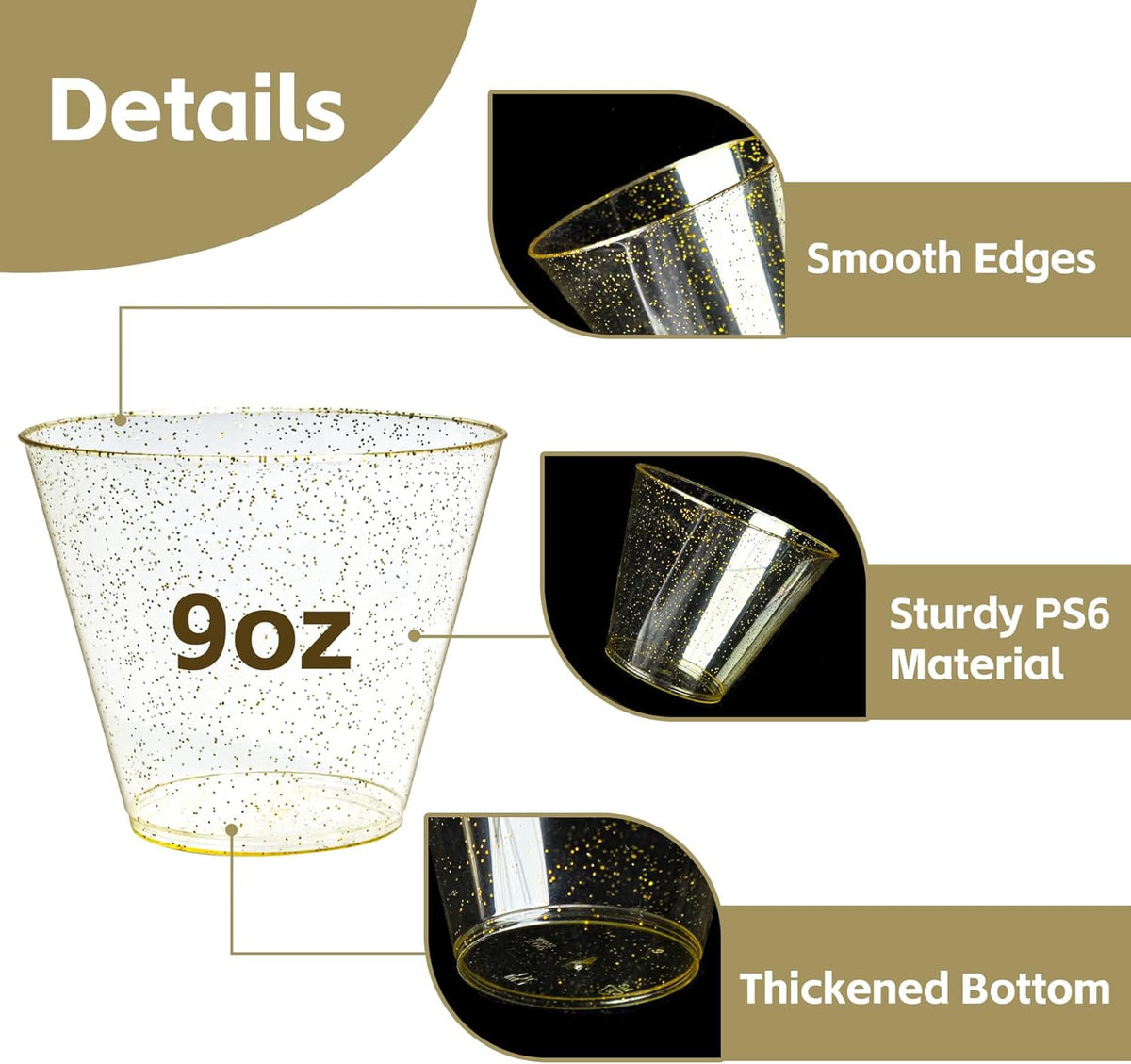 [100 Pack] 9oz Plastic Cups with Gold Glitter Sturdy & Food Safe Disposable Wine Glasses Party