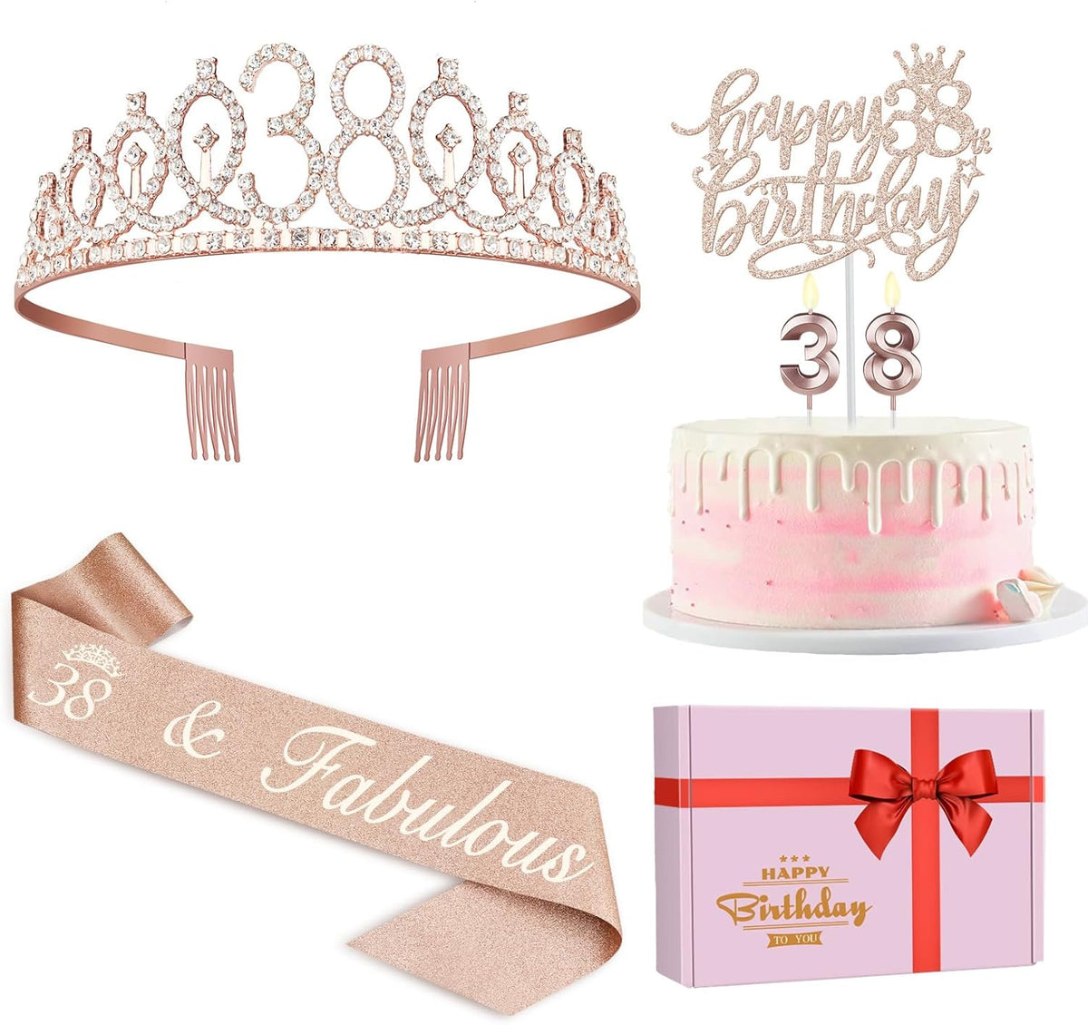 38th Birthday Decorations for Women Including Birthday Sash, Tiara/Crown, Numeral Candles and Cake