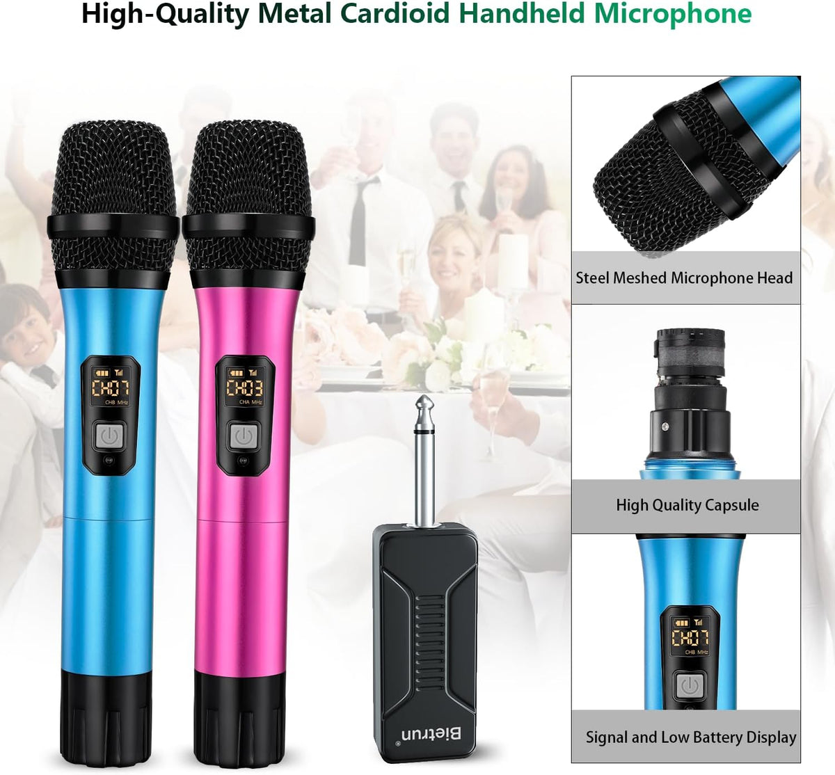 Wireless Microphone, Bietrun UHF Metal Dual Handheld Cordless Dynamic Mic System with Rechargeable