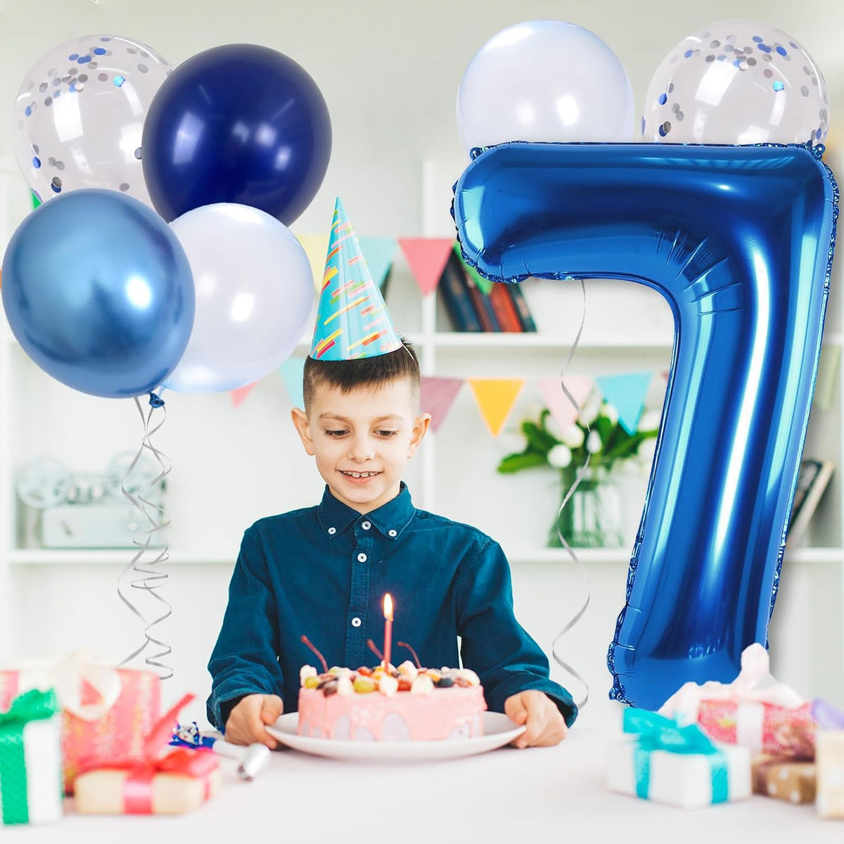 7 Balloon Number Dark Blue, Big Number 7 Mylar Balloon Pastel Navy Blue with Metallic Silver