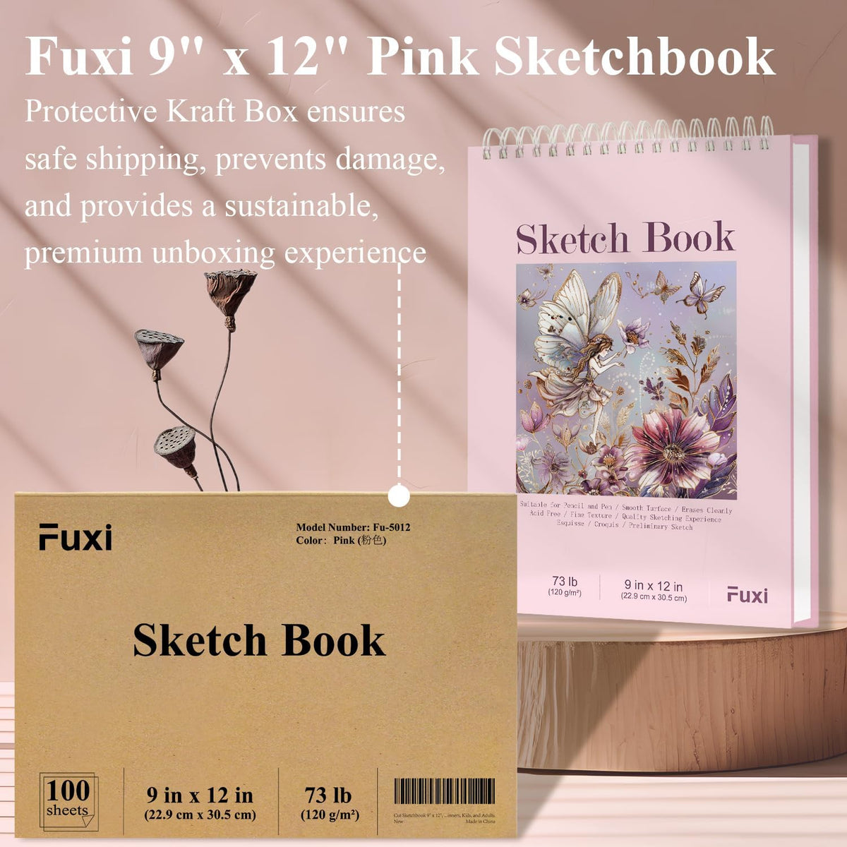 Cute Sketchbook Pink, 9"x12" Sketch Book for Teen Girls, 100 Sheets Girl Sketchbook 73lb/120gsm