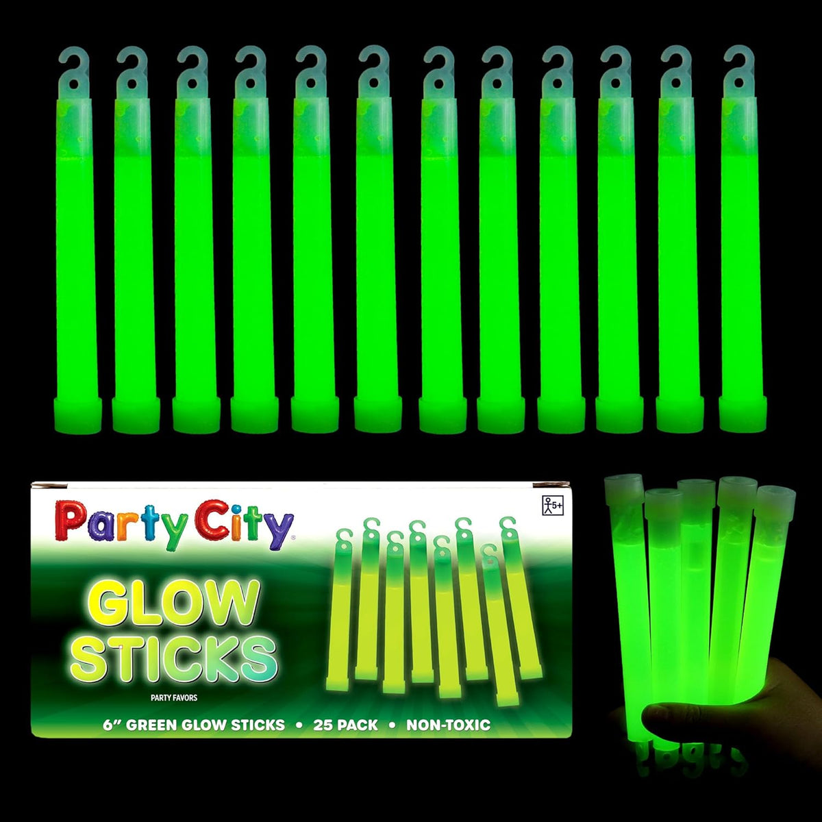 Party City Green Glow Sticks Bulk Pack 6”- 25pk Glow in the Dark Sticks for Kids, Waterproof