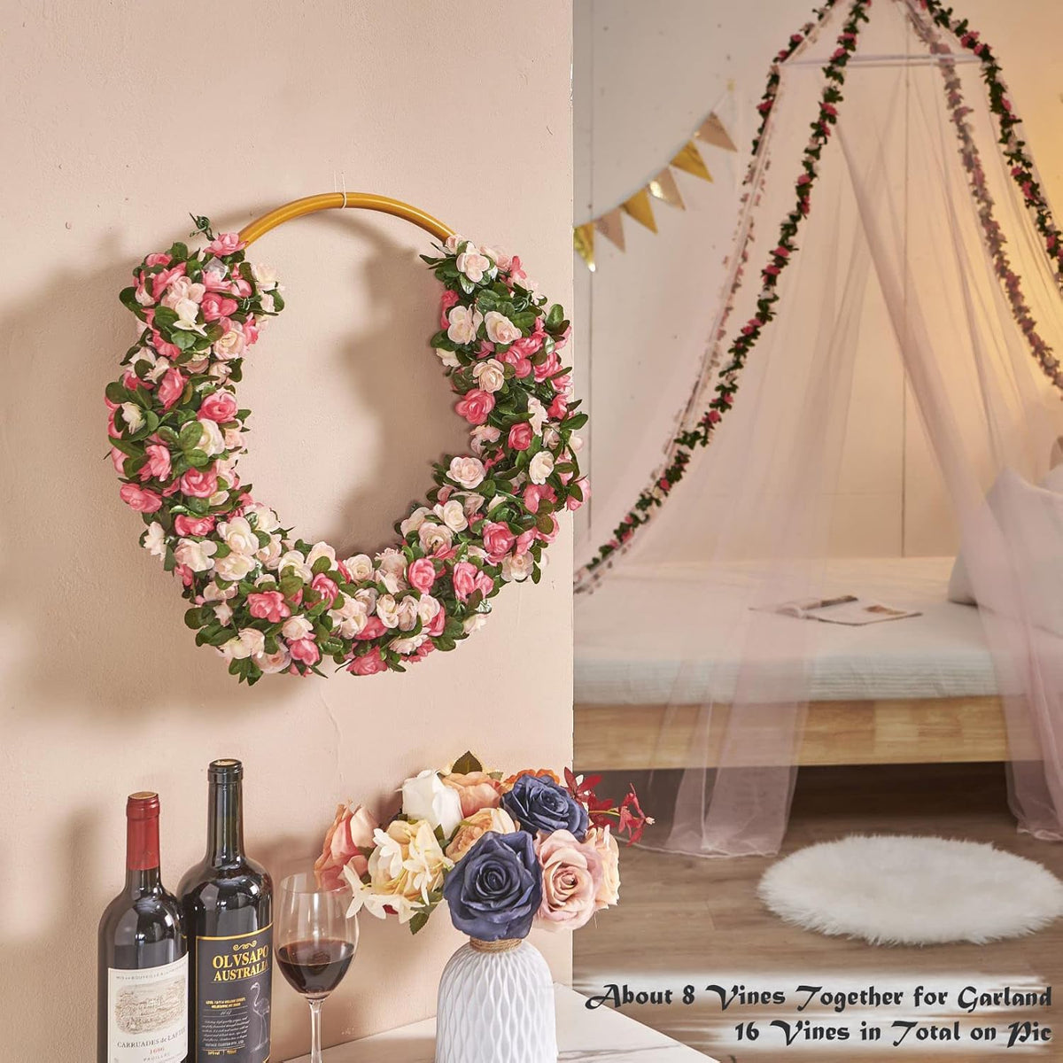8 Pcs x 8.2 ft Flower Garland Artificial Rose Vine Flowers with Green Leaves Hanging Fake Roses