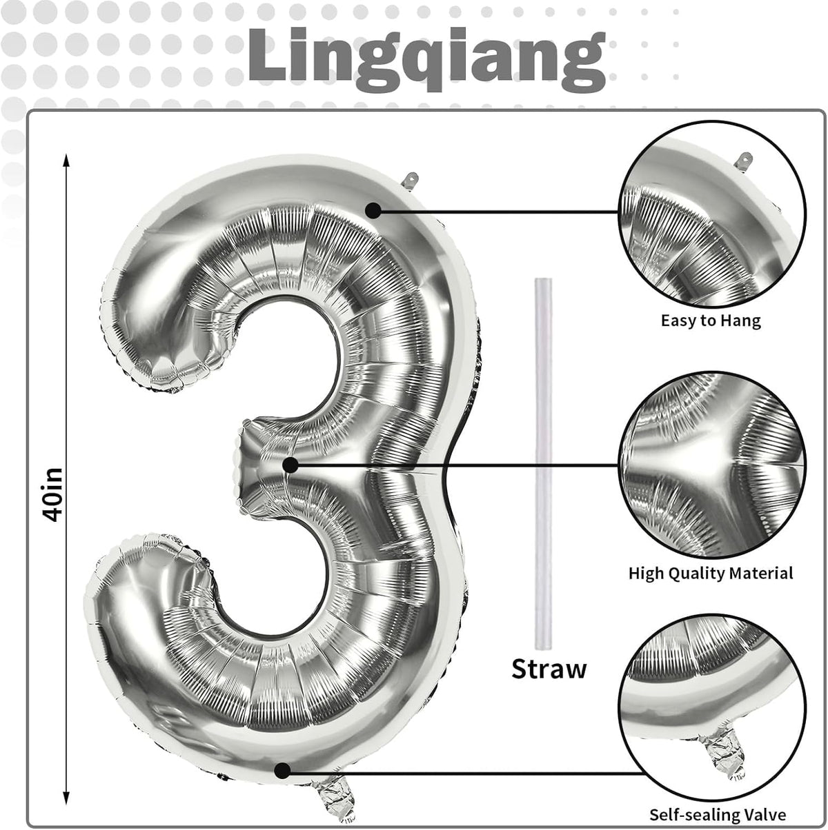 Silver 3 Balloons, 40 Inch Giant Helium Foil Number 0-9 Silver 3rd Birthday Balloon for Boys Girls
