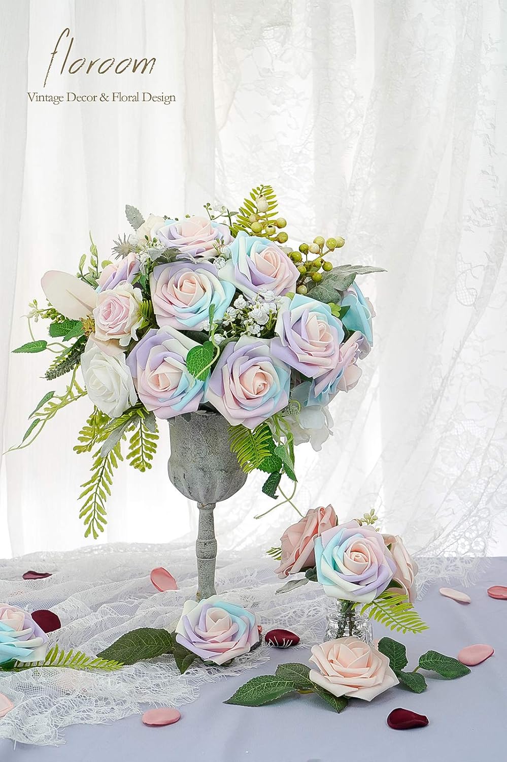 Floroom Artificial Flowers 25pcs Real Looking Whimsical Blush Foam Fake Roses with Stems for DIY