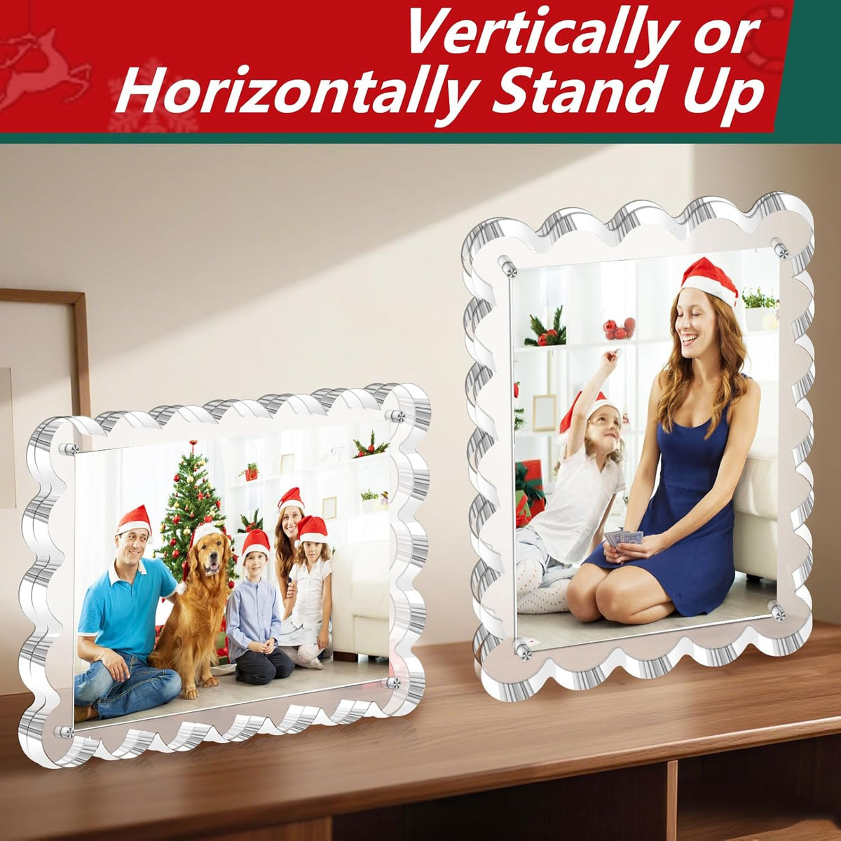 3 Pack Magnetic Acrylic Picture Frames 5x7 Inch - Freestanding Scalloped Magnet Photo Frame with