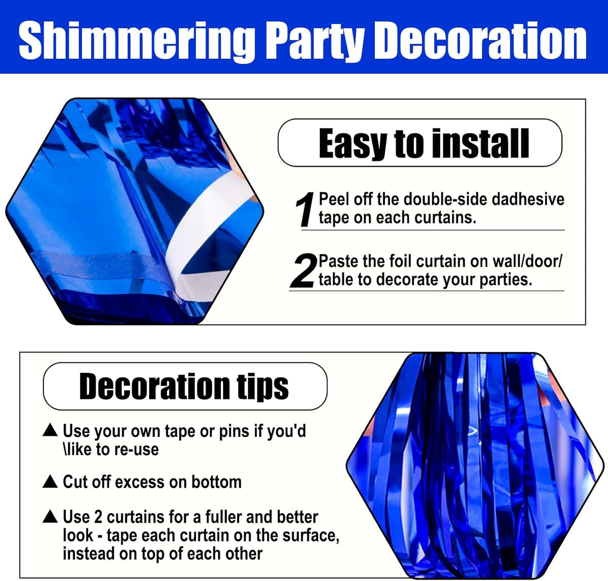 3 Pack Blue Foil Fringe Curtain Backdrop, 3.28Ft x 8.2Ft Metallic Tinsel Foil Fringe Streamer
