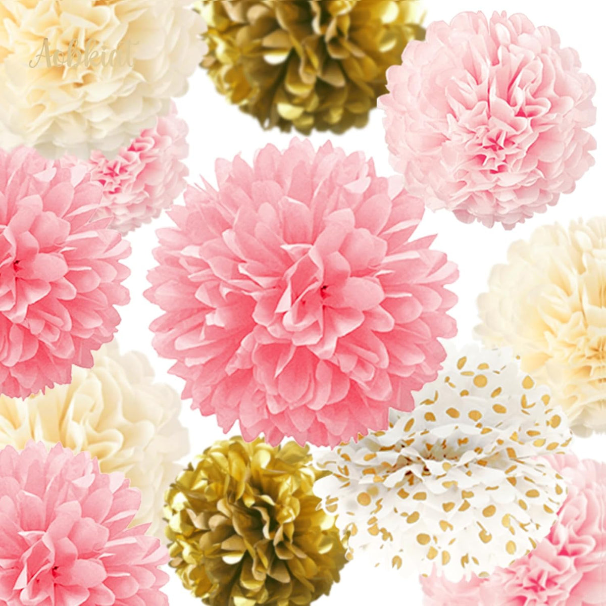 AOBKIAT Wedding Baby Shower Decorations Set,15PCS Pink Gold Tissue Paper Pom Poms,Circle Dots