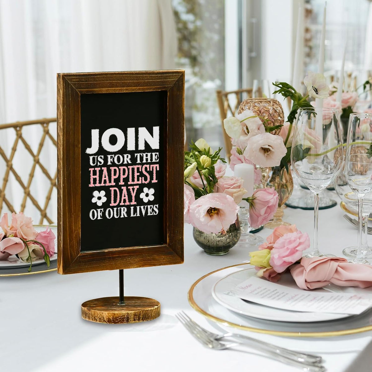 MyGift Set of 2, 12 Inch Chalkboard Sign with Burnt Wood Rectangular Frame and Round Base, Rustic