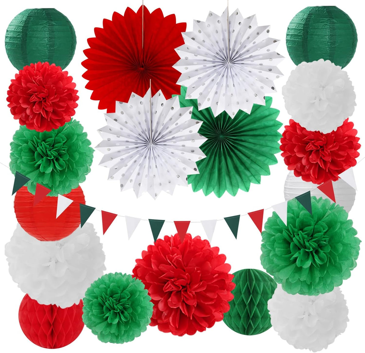 Red Green-White Christmas Party Decorations - 20pcs Mexican Italian Paper Lanterns Fans,Tissue Pom