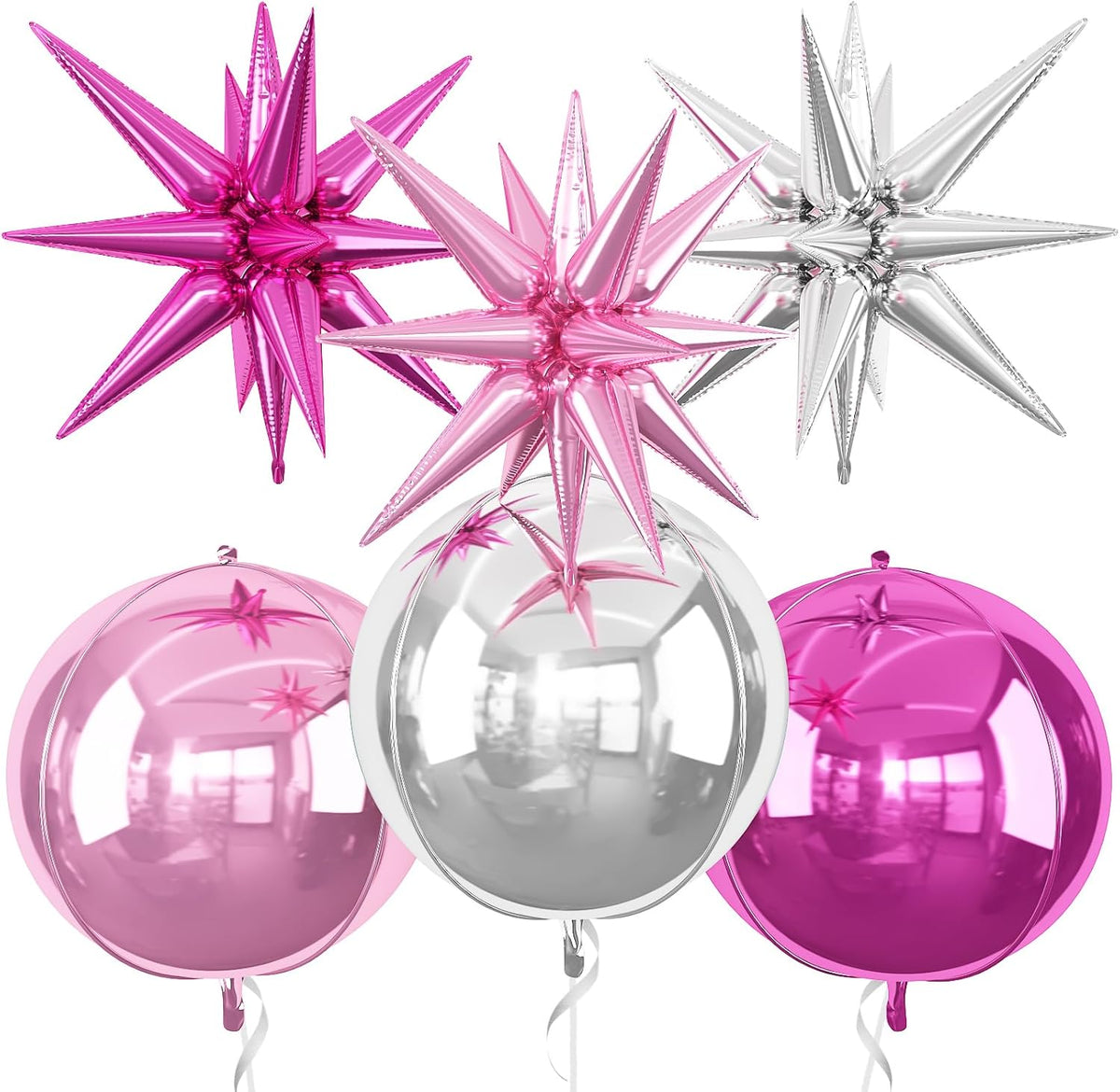 6Pcs Pink Silver Foil Balloons,22Inch Hot Pink Silver 4D Round Ball Balloon and Explosion Star