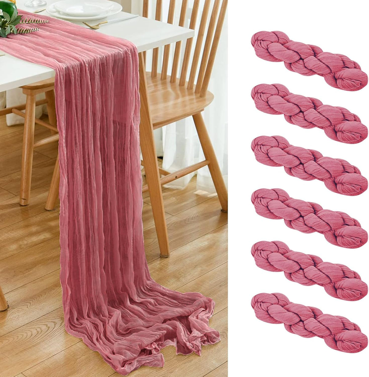 6 Pack Dusty Rose Cheesecloth Table Runner 20x120 Inch Boho Wrinkled Sheer Romantic Gauze Decor for