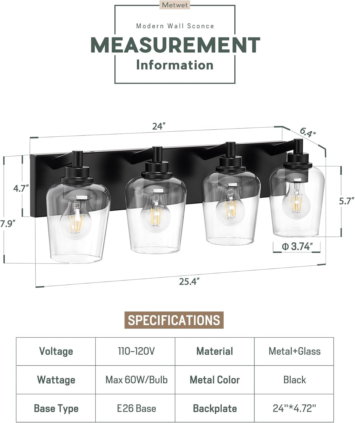 Bathroom Light Fixtures, 4-Light Modern Vanity Light with Clear Glass Wine Glass-Shaped Shade