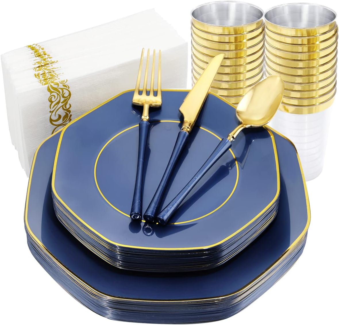 KIRE 140Pcs Blue Plastic Plates with Gold Rim - Gold Disposable Plastic Silverware with Blue