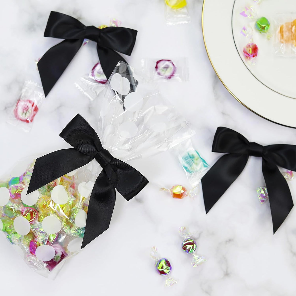 114 Pack Twist Tie Bows for Treat Bags 3" Black Satin Ribbon Bows for Package Craft, Gift Wrapping