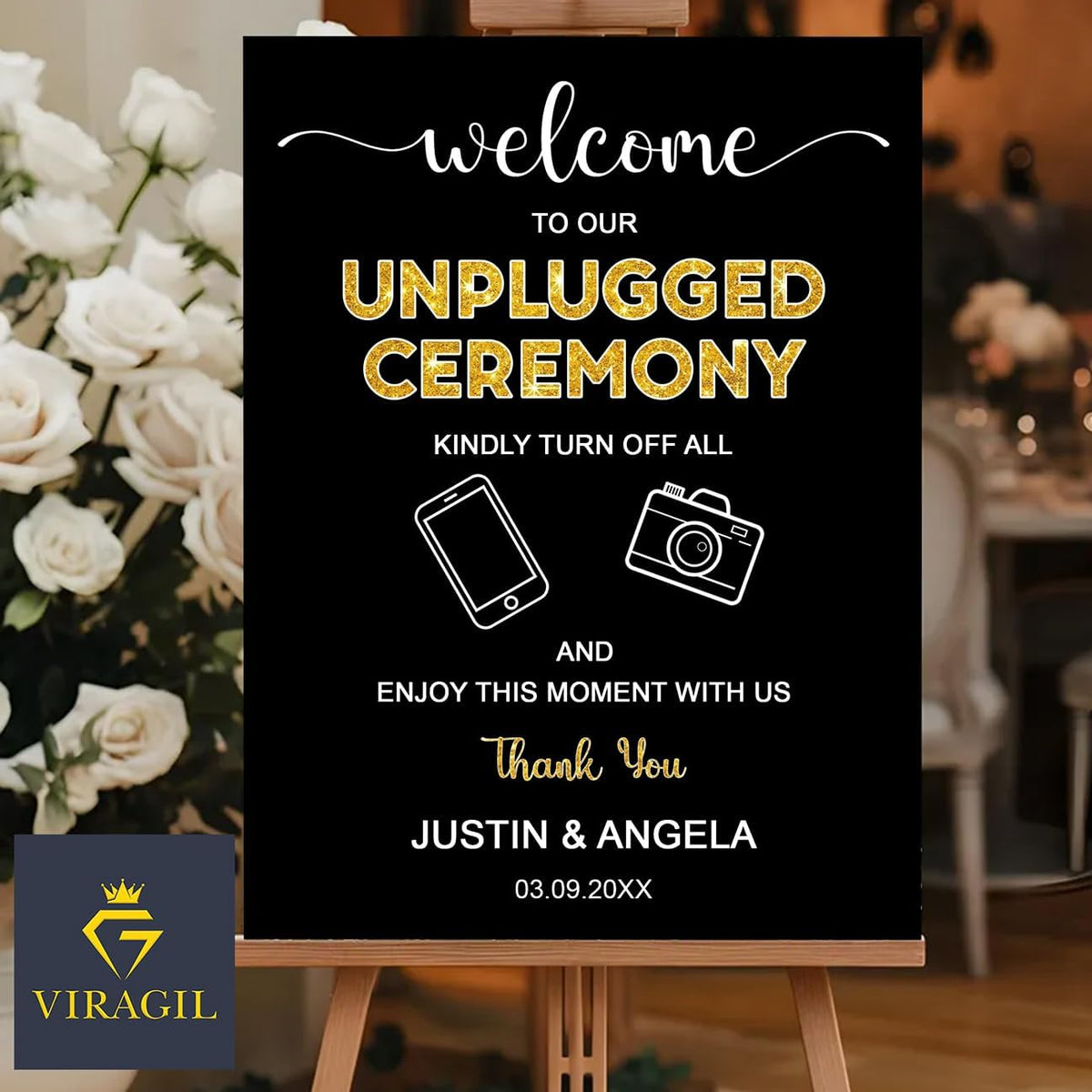 Unplugged Ceremony Sign with Icons – Fun & Bold Wedding Yard Sign – No Phones or Cameras – Modern